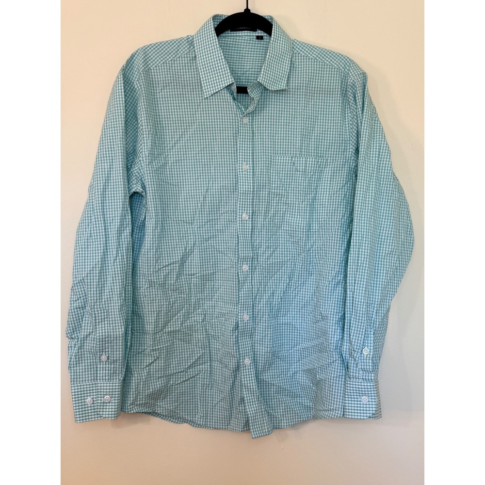 Hisdern Mens Small Mint Green White Gingham Check Long Sleeve Button Down Shirt